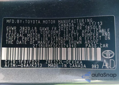 2014 Toyota Corolla S Plus from USA, damaged, VIN 2T1BURHE0EC074940